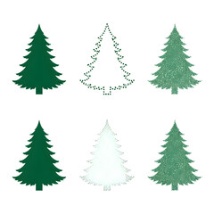 Obraz premium Six stylized christmas trees in green and white isolated on transparent background