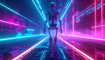 Skeleton walks into a neon-lit corridor, a surreal and eerie futuristic landscape with pink and blue hues