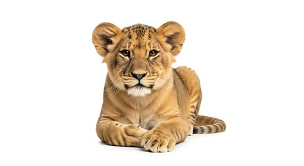 Obraz premium A lion cub lying down with its paws crossed on a white background looking directly at the viewer