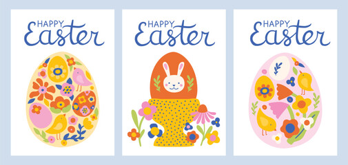 Happy easter clipart poster white background set. Happy easter sunday wishes clip art collection with colorful abstract bunny, eggs and flowers decoration elements. Illustration greeting card design.