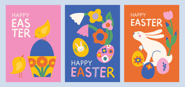 Happy easter clipart poster background set. Happy easter sunday wishes clip art collection with colorful abstract bunny, eggs and flowers decoration elements. Illustration greeting card design.