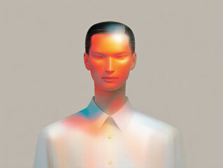 stylized humanoid figure with smooth, glowing surface, wearing collared shirt. figure exhibits blend of vibrant colors, creating futuristic and artistic appearance