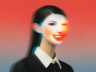 futuristic digital of woman with glowing smile, featuring vibrant colors and blurred effect that adds sense of motion and intrigue