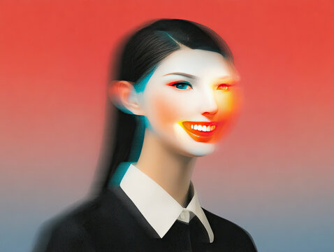 futuristic digital of woman with glowing smile, featuring vibrant colors and blurred effect that adds sense of motion and intrigue