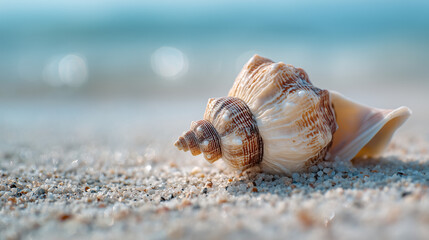 Ai beautiful shell resting on sandy beach with gentle waves in the background during a sunny day