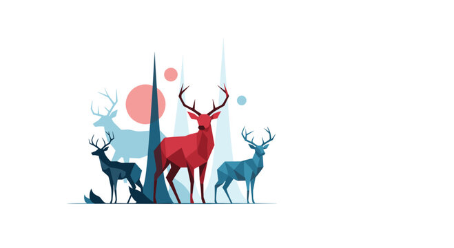Abstract forest scene with geometric deer and trees rendered in a low poly style.