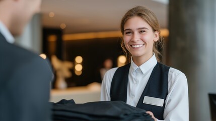Customer smiling as they receive freshly cleaned clothing from a friendly staff member in a bright, modern reception area — human-centered and service-oriented visual highlighting hospitality,