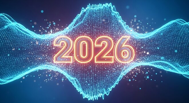 Futuristic 2026 glowing text with abstract wave background.