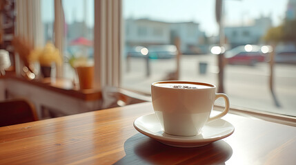 bright day with coffee cup on cafe table, warmth and comfort. sunlight streams through window, creating cozy perfect for relaxation