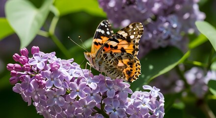 Painted Lady Butterfly on Lilac Blossoms in Sunlight.