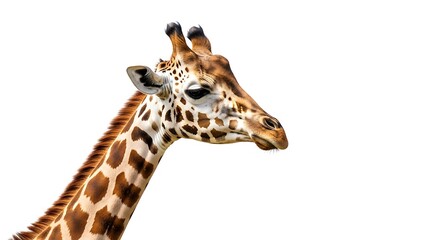 A close up of a giraffe's head and neck against a plain white background in a studio setting