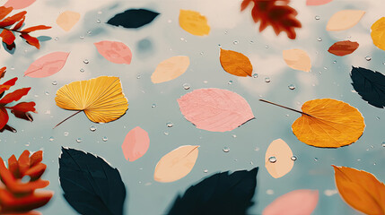 Colorful autumn leaves floating on water create vibrant seasonal scene, evoking sense of nature beauty and change. mix of shapes and colors adds visual interest