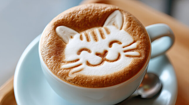 delightful cup of coffee featuring intricate latte art shaped like smiling cat, resting on light blue saucer. warm tones of coffee create cozy