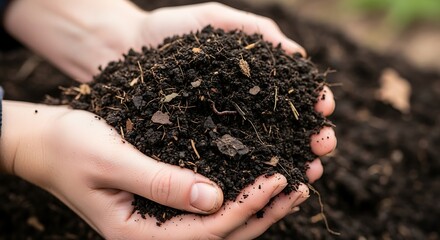 Hands holding rich dark compost soil for gardening and planting.