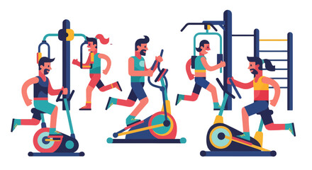 Obraz premium People Exercising In Unique Gym Using Training Machines On A Bold Illustrative Design