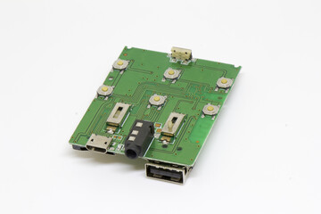 Perspective view of a compact Bluetooth audio player board featuring USB-C, USB-A host, 3.5 mm AUX jack and rear control buttons, isolated on white