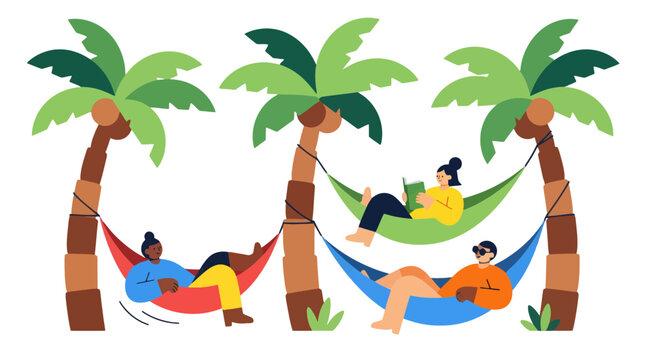Relaxation and Leisure Under Tropical Palms Depicted in a Stylish Minimalist Illustrative Art