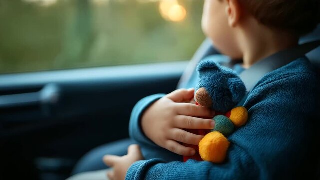 Small child's hands hugging soft plush toy while secured in rear facing car safety seat colorful toys visible vehicle interior with windows showing defocused scenery passing aft