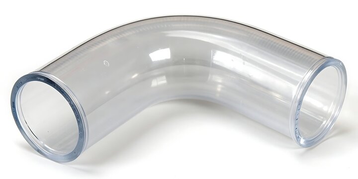 Clear transparent plastic elbow pipe fitting, 90-degree angle, plumbing part.