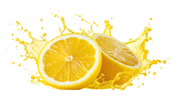 Bright Lemon Splash With Fresh Slice And Whole Citrus On Transparent Background