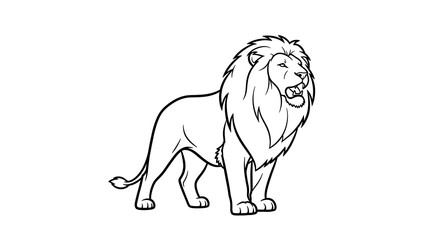Obraz premium Illustration of a lion standing with its mouth open outlined in black on a white background