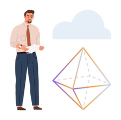 Man holding papers while observing a transparent geometric shape. Ideal for innovation, 3D modeling, technology, data, cloud computing, creativity, engineering. Simple flat metaphor