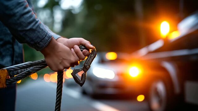 Tow truck operator's hands connecting heavy duty tow cable hook to disabled vehicle's frame towing equipment visible broken down car on roadside with traffic defocused in