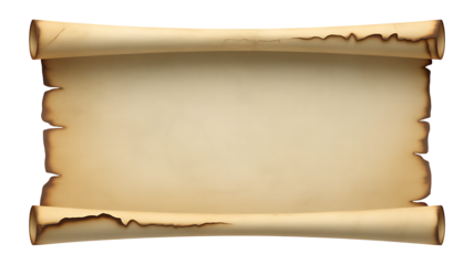 A rolled parchment scroll with aged paper and torn edges