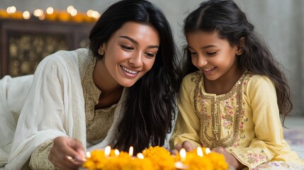Woman and girl celebrating Diwali with decorated flower and candle arrangement. Festive family tradition and Indian culture.