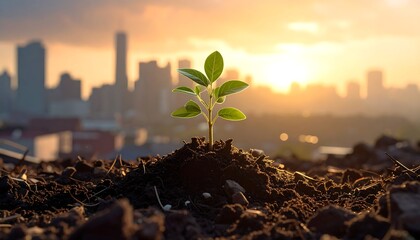Seedling rises from earth, silhouetted skyline behind, sunset glow. Warm hues create tranquil yet hopeful mood