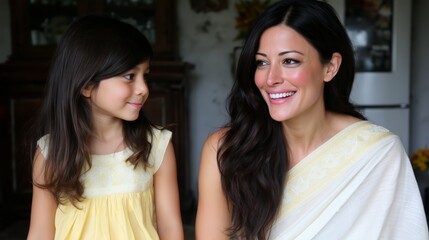 Woman and girl smiling and looking at each other, happy family moment with mother and child, for lifestyle and relationship concept.