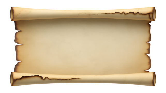 A rolled parchment scroll with aged paper and torn edges