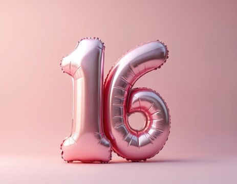 Pink shiny number 16 balloons float on pastel pink background. Celebrate sweet sixteen birthday party occasion event. Festive decoration for teen. - Powered by Adobe