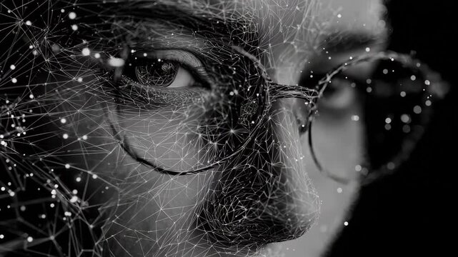Intricate digital art showcases a close up of a person's eye and glasses infused with a network of glowing particles and lines
