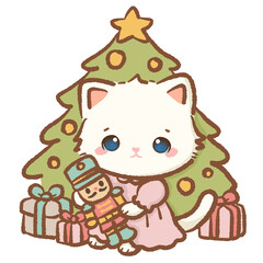 Adorable white cat hugging nutcracker under Christmas tree pastel clipart perfect for festive cards wrapping paper holiday crafts decor and Nutcracker ballet digital art projects