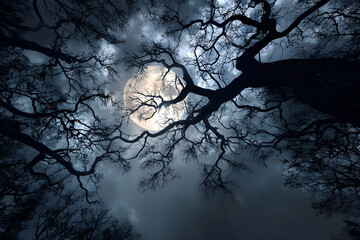 Mysterious haunted forest under moonlight with ancient bare trees for spooky atmospheres