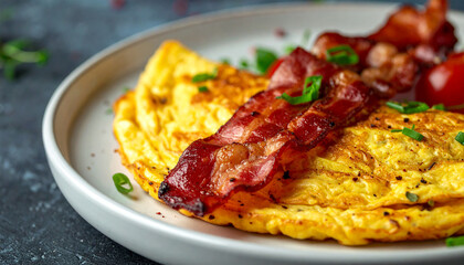 Tasty omelet with fried bacon in plate. Delicious food for breakfast. Yummy dish. Nutritious meal.