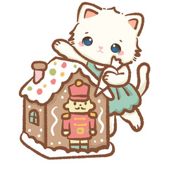 Kawaii white cat decorating gingerbread house with nutcracker detail cute Christmas clipart perfect for holiday cards wrapping paper baking themed crafts and digital festive designs