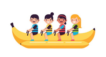 People Enjoying a Funny Ride on a Floating Banana Boat Over a Black Background