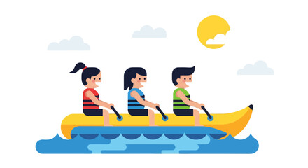 People Enjoying a Scenic Evening Banana Boat Ride on the Dark Water's Surface