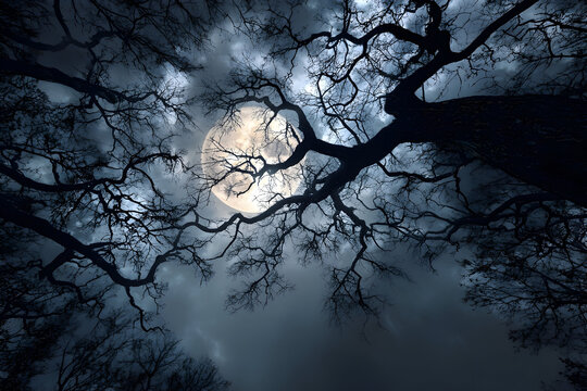 Mysterious haunted forest under moonlight with ancient bare trees for spooky atmospheres