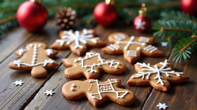 Gingerbread cookies with chrismas decorations on wooden table
