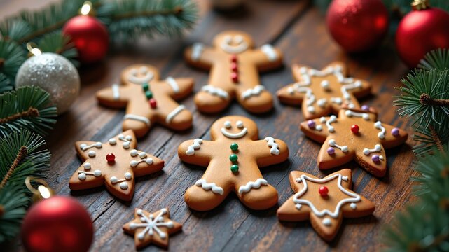 Gingerbread cookies with chrismas decorations on wooden table

