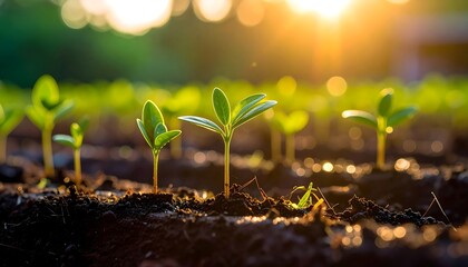 Seedlings emerge from dark soil, backlit by a golden sunrise, suggesting growth and new beginnings in agriculture