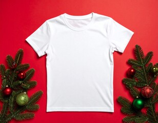 Mockup t-shirt blanc No&euml;l &ndash; flat lay festif avec d&eacute;corations rouges et pin