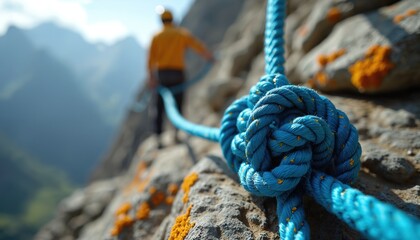 Close-up view of blue climbing rope knot secured on rock. Climber ascends in the background. Mountaineering theme shows adventure and safety on alpinist sport activity in mountains.