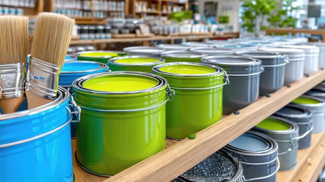 paint tools section in hardware store with brushes, rollers, and spatulas neatly displayed, copy space,