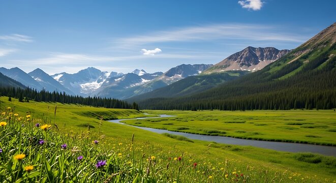 Vast Alpine Meadow with Wildflowers and Majestic Mountains.