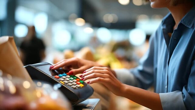 Young female cashier's hands with painted nails scanning grocery items across barcode reader cash register display glowing bags and groceries visible on counter busy supermarket