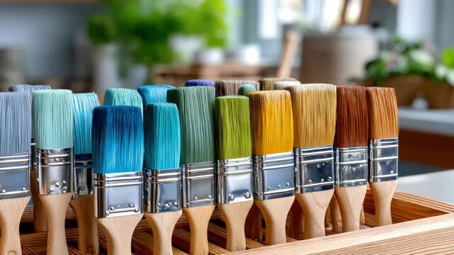 close-up of paint brushes and rollers on store shelves in hardware supermarket, copy space